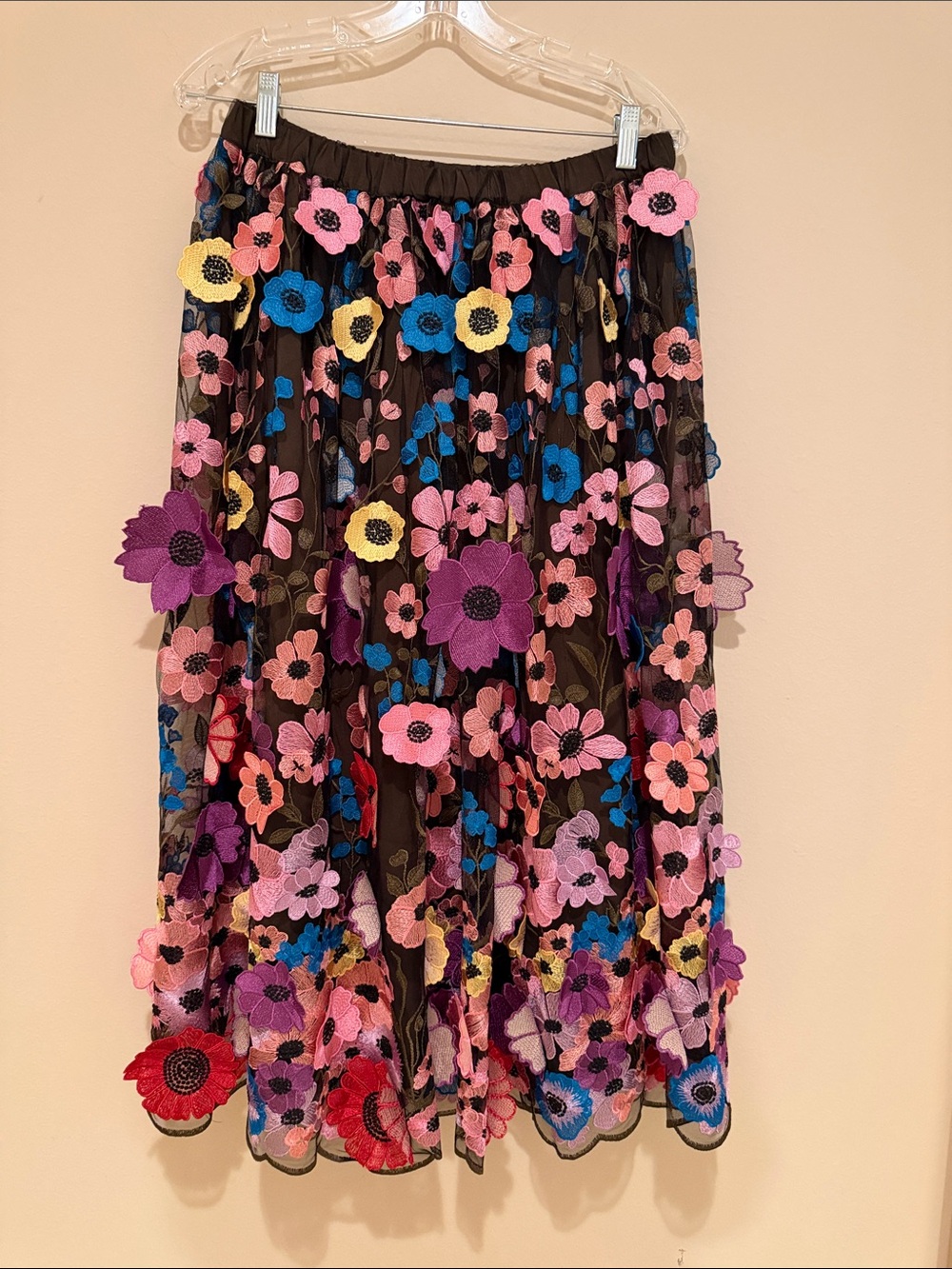 Anthropologie Black Mesh Midi Skirt with Multicolor Floral Appliqués